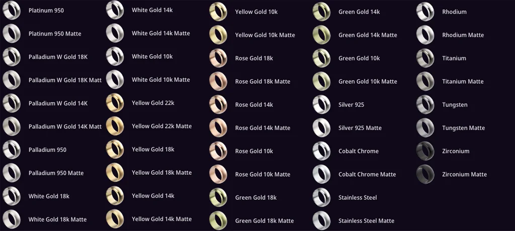 Maverick Excelsior Jewelry Materials Metal White Yellow Rose Gold Platinum